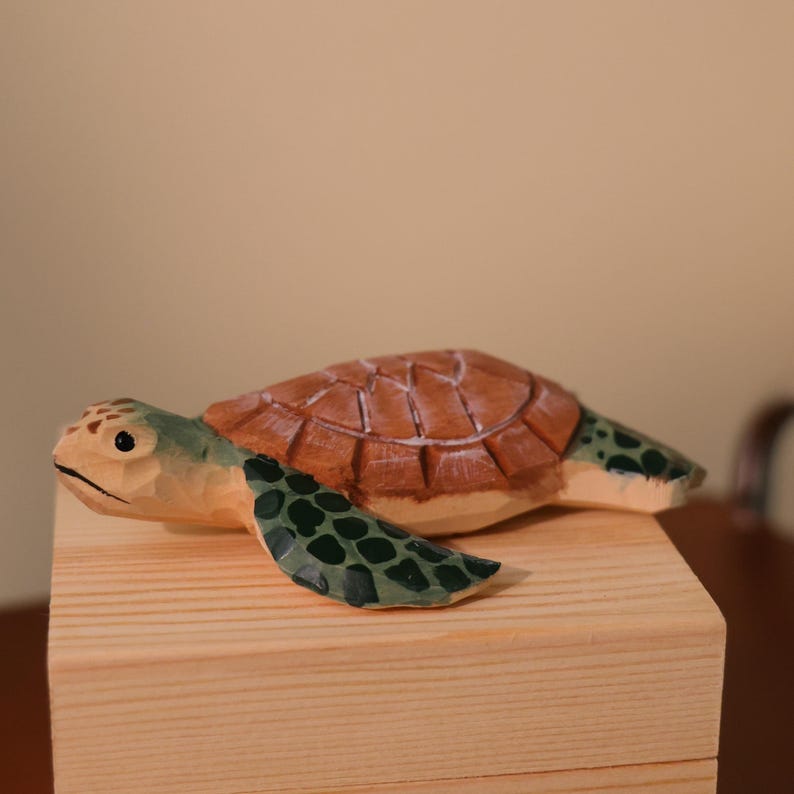 Tortue en bois sculptée à la main, statue de tortue, décoration d'étagère, décoration marine artisanale
