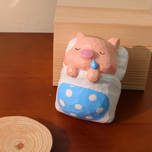 Cochon endormi en bois, statue sculptée à la main, décoration d'étagère, artisanat animalier