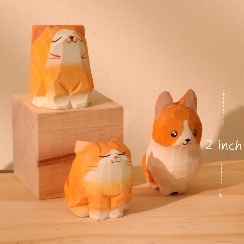 Figurine Chat en Bois Sculpté à la Main, Décoration d'Intérieur Artisanale