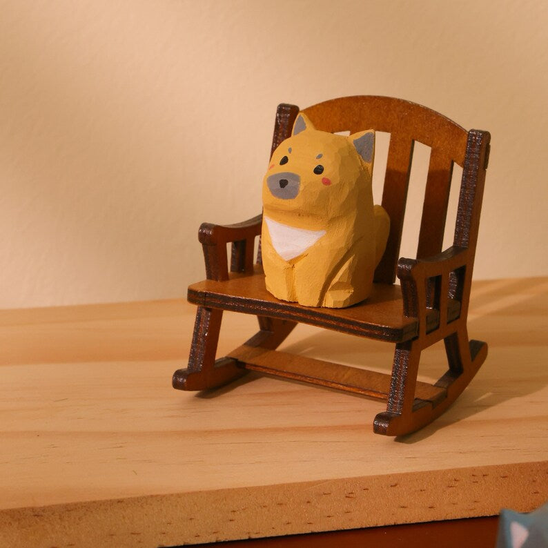Figurine chien shiba inu en bois sculptée à la main, ornement artisanal