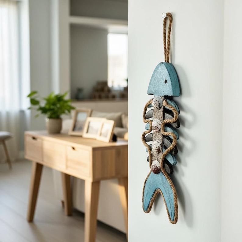 Pendentif Poisson en Bois, Thermomètre Suspendu Arête Poisson, Décoration Murale Nautique