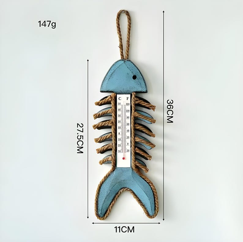 Pendentif Poisson en Bois, Thermomètre Suspendu Arête Poisson, Décoration Murale Nautique