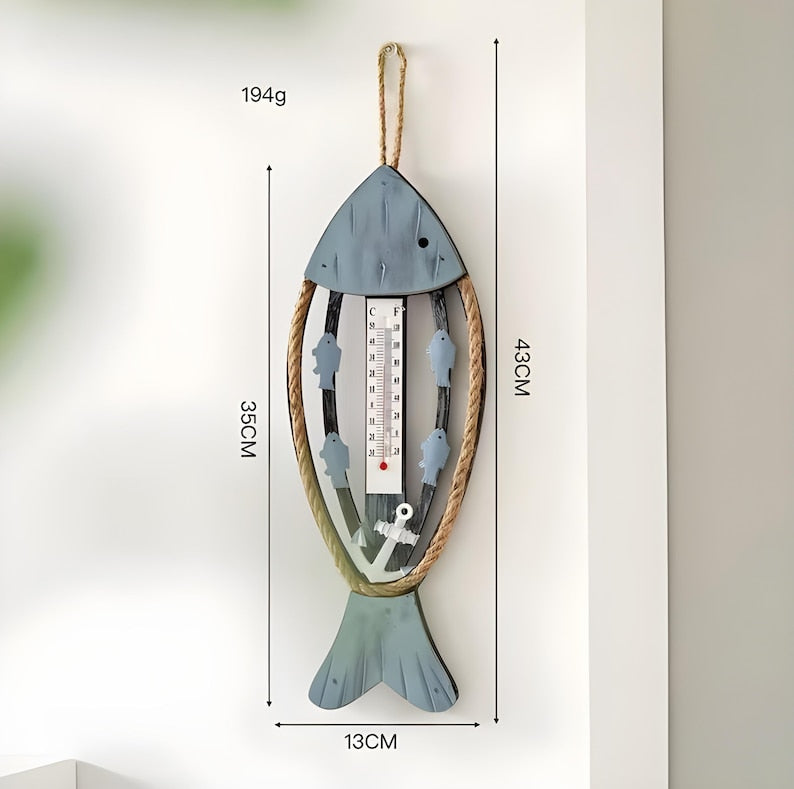 Pendentif Poisson en Bois, Thermomètre Suspendu Arête Poisson, Décoration Murale Nautique