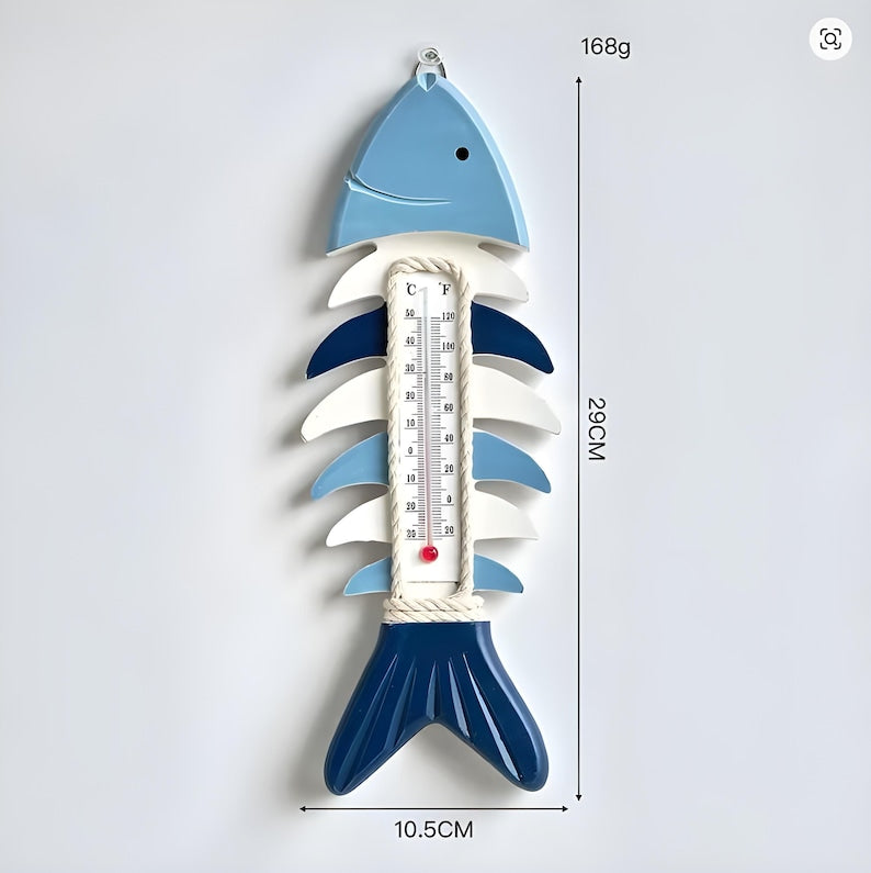Pendentif Poisson en Bois, Thermomètre Suspendu Arête Poisson, Décoration Murale Nautique