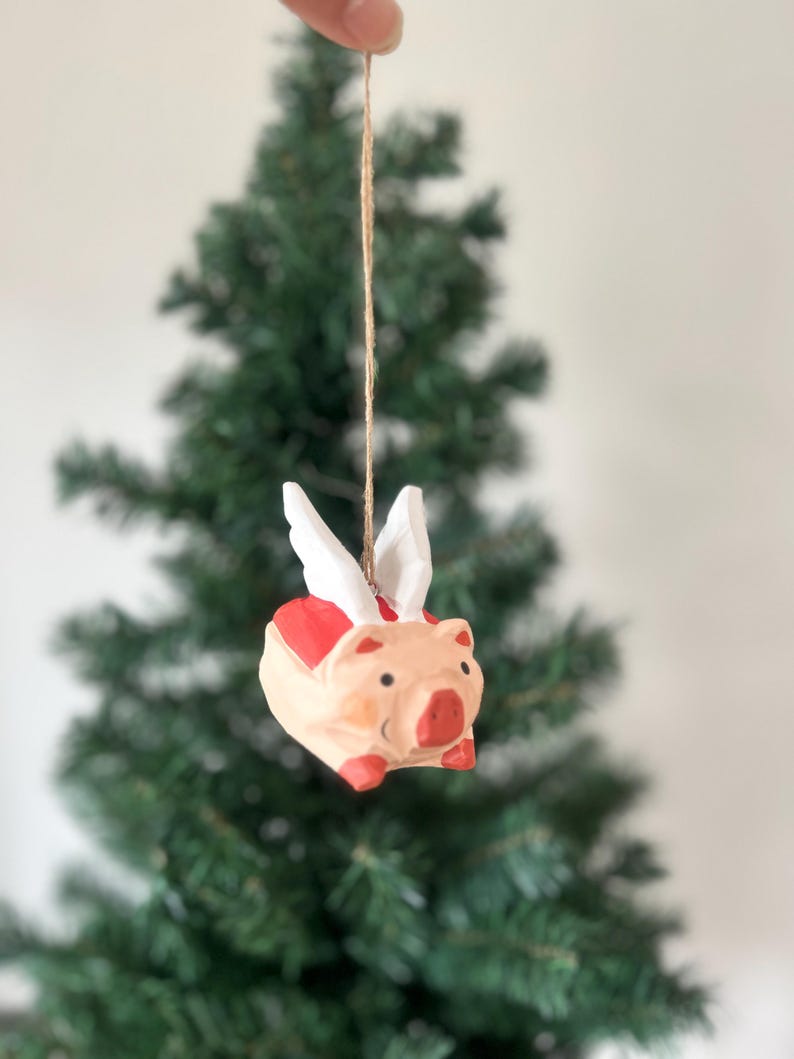 Cochon volant en bois sculpté à la main – Décoration de Noël, 8,1 cm