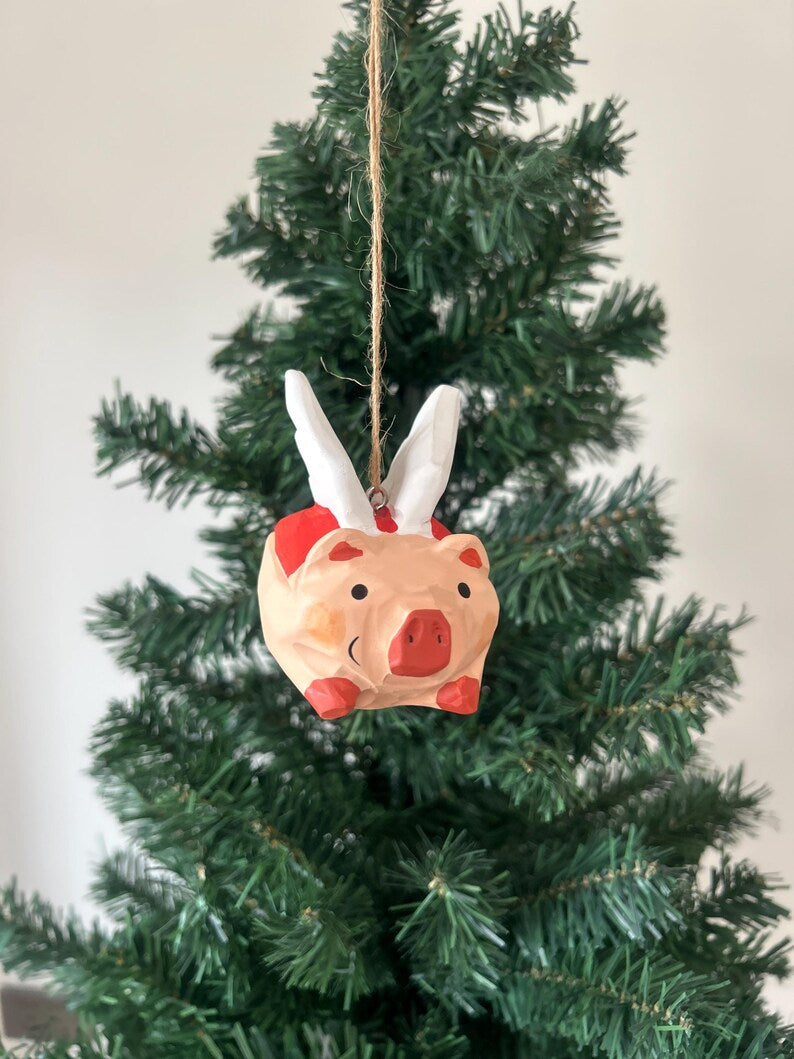 Cochon volant en bois sculpté à la main – Décoration de Noël, 8,1 cm