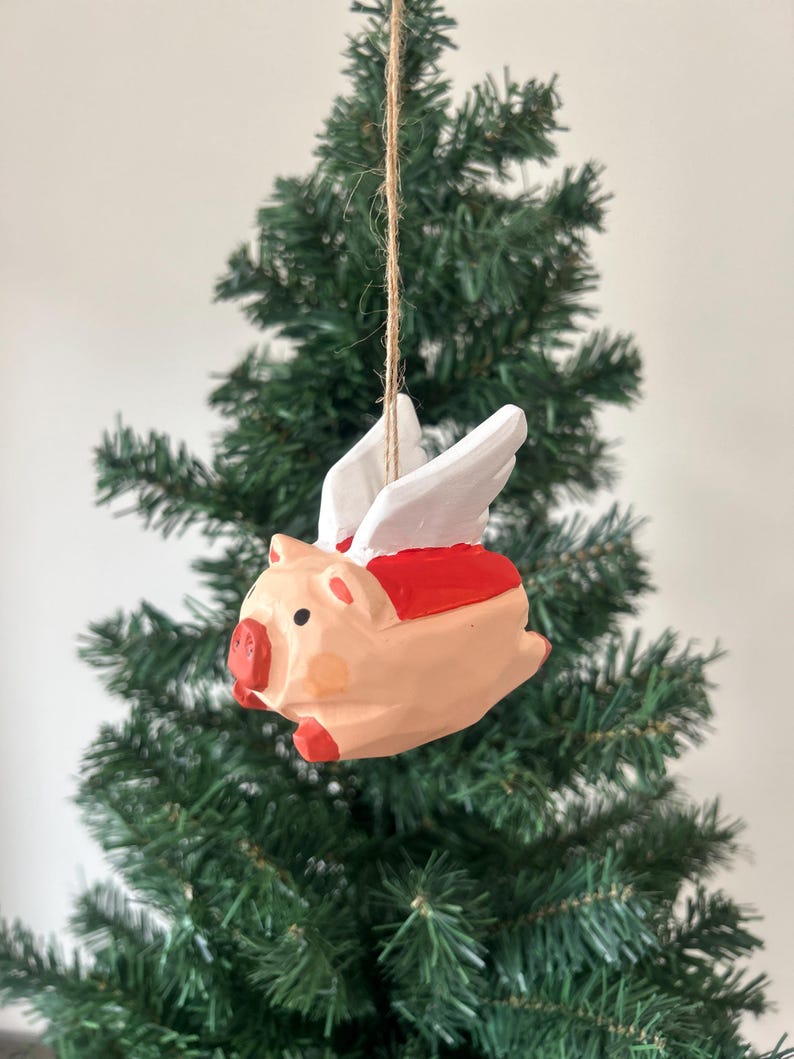 Cochon volant en bois sculpté à la main – Décoration de Noël, 8,1 cm