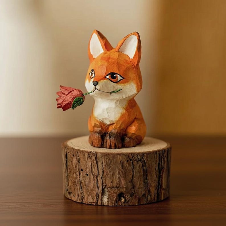 Renard en bois sculpté à la main | Figurine animalière décorative | 5x5x8 cm
