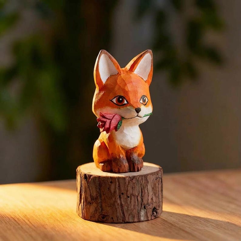 Renard en bois sculpté à la main | Figurine animalière décorative | 5x5x8 cm