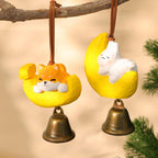 Ornement de cloche animal lune en bois, décoration suspendue chien et chat, carillon sculpté main