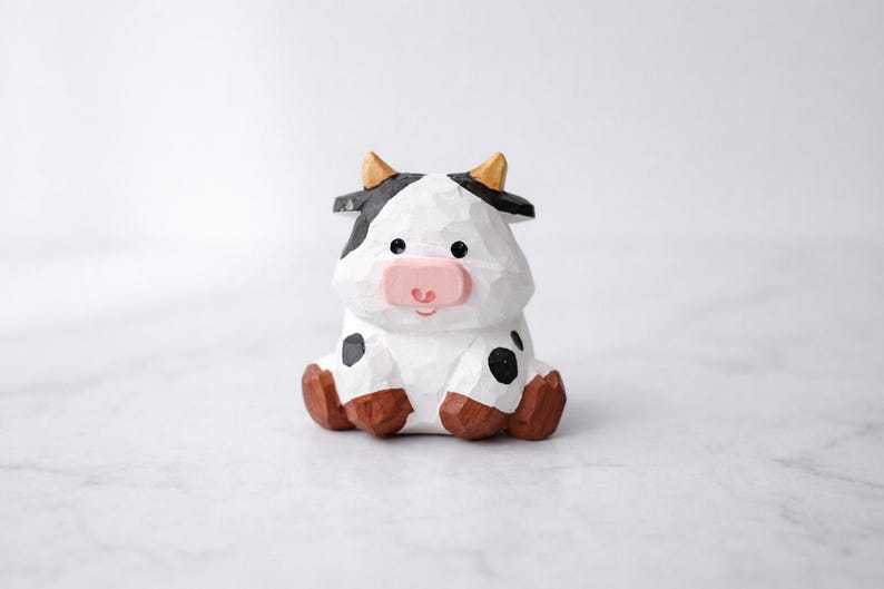 Figurines d'animaux de ferme en bois sculptés à la main - Vache, Hamster, Lapin, Mouton - Lot de 4 - Décoration naturelle faite main
