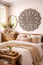 Art mural mandala soleil en bois, décoration géométrie sacrée, décoration murale bohème pour salon, méditation