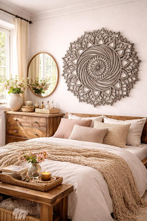 Art mural mandala soleil en bois, décoration géométrie sacrée, décoration murale bohème pour salon, méditation