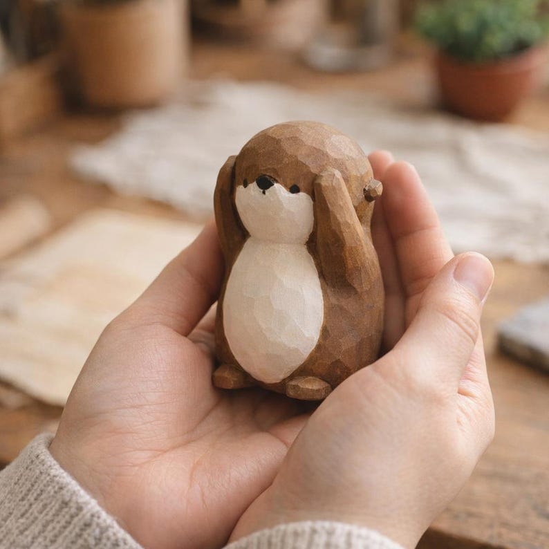 Figurine animalière en bois sculptée à la main | Statue décorative minimaliste pour bureau