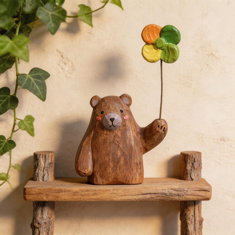 Figurine d'ours en bois sculptée à la main, ours avec ballon, 10 cm, décoration d'étagère