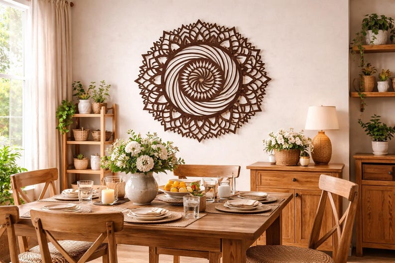 Art mural mandala soleil en bois, décoration géométrie sacrée, décoration murale bohème pour salon, méditation