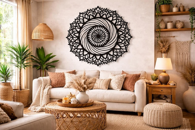 Art mural mandala soleil en bois, décoration géométrie sacrée, décoration murale bohème pour salon, méditation