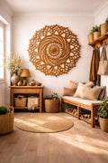 Art mural mandala soleil en bois, décoration géométrie sacrée, décoration murale bohème pour salon, méditation