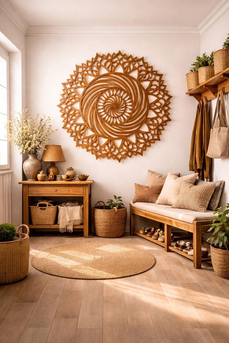 Art mural mandala soleil en bois, décoration géométrie sacrée, décoration murale bohème pour salon, méditation