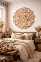 Art mural mandala soleil en bois, décoration géométrie sacrée, décoration murale bohème pour salon, méditation