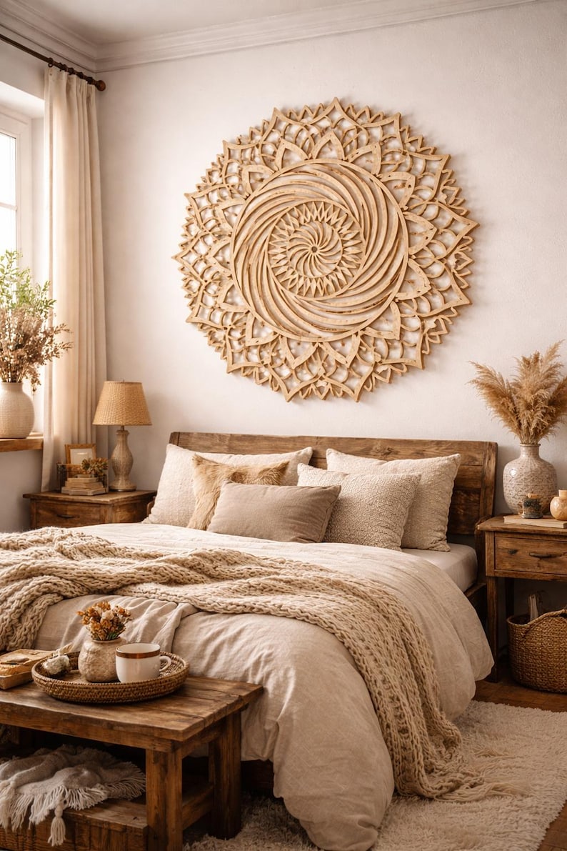 Art mural mandala soleil en bois, décoration géométrie sacrée, décoration murale bohème pour salon, méditation