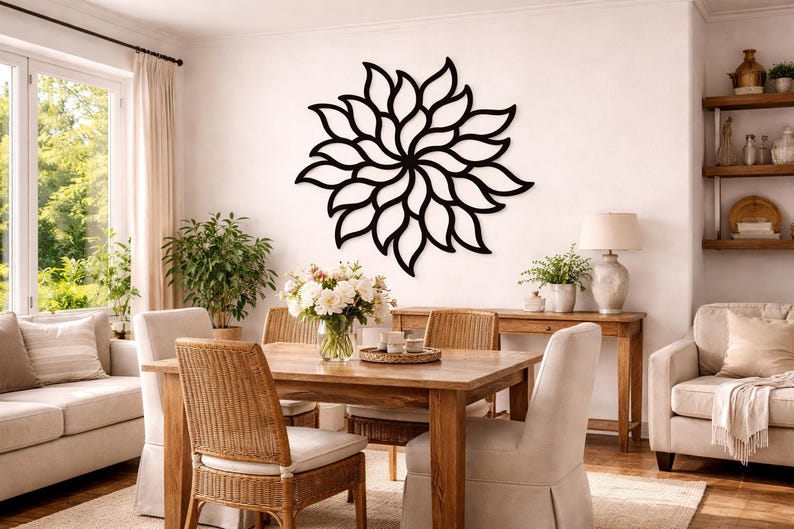Mandala Soleil et Fleurs Murale en Bois, Décoration Murale Rustique