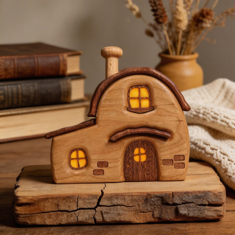 Maison Féerique en Bois, Décoration de Cottagecore, Ornement pour Étagère et Coin Lecture