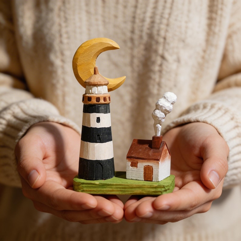 Miniature Sculpture en Bois Phare Maison de Campagne Paysage Arbres Ornement Cottagecore