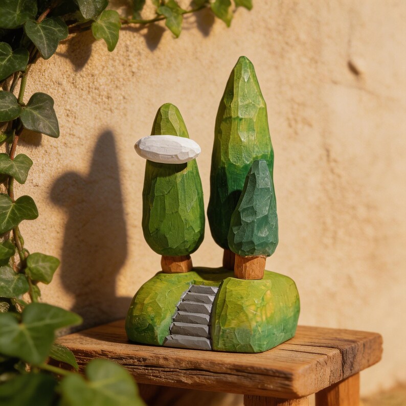 Miniature Sculpture en Bois Phare Maison de Campagne Paysage Arbres Ornement Cottagecore