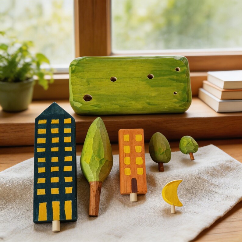 Décoration de ville en bois, paysage urbain moderne, ornement d'horizon coloré 16 cm