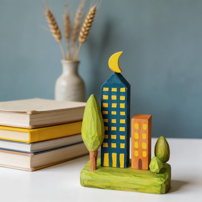 Décoration de ville en bois, paysage urbain moderne, ornement d'horizon coloré 16 cm
