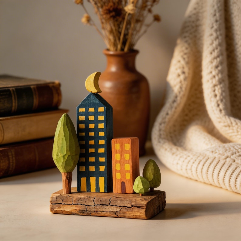Décoration de ville en bois, paysage urbain moderne, ornement d'horizon coloré 16 cm