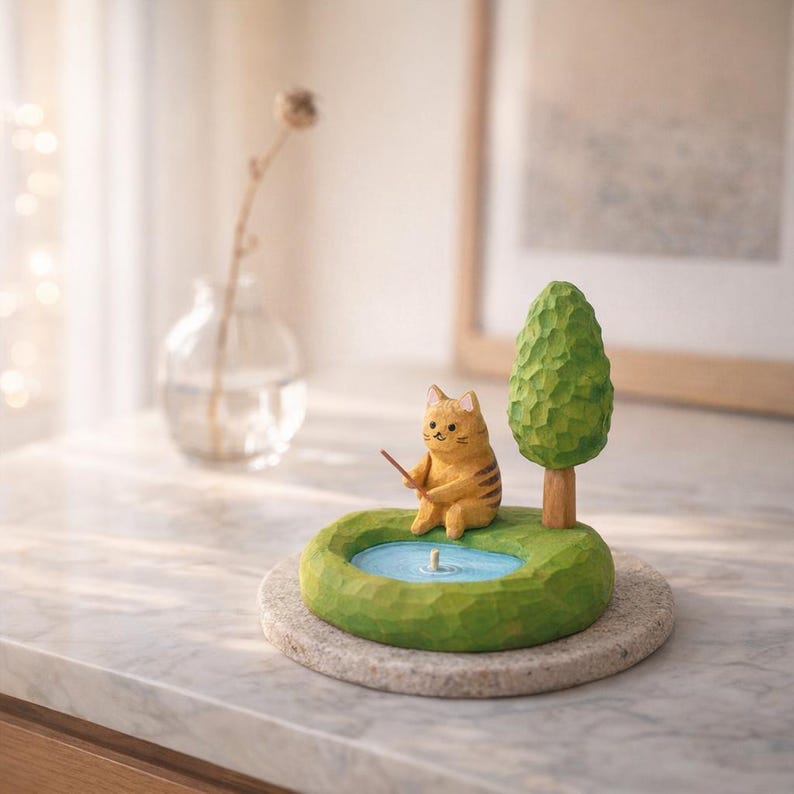 Figurine de chat en bois avec scène de pêche, décoration d'étagère artisanale peinte à la main, 14 cm