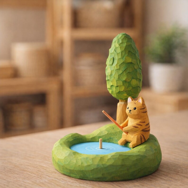 Figurine de chat en bois avec scène de pêche, décoration d'étagère artisanale peinte à la main, 14 cm