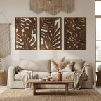 Art mural bohème en bois 3 pièces, panneaux muraux Monstera, décoration tropicale