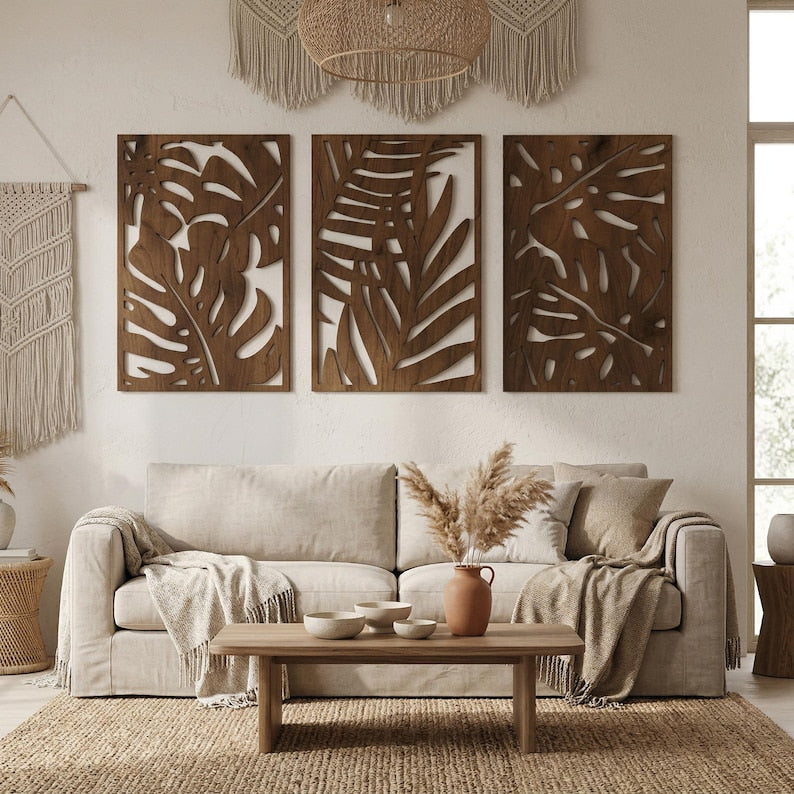 Art mural bohème en bois 3 pièces, panneaux muraux Monstera, décoration tropicale