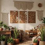 Art mural bohème en bois 3 pièces, panneaux muraux Monstera, décoration tropicale