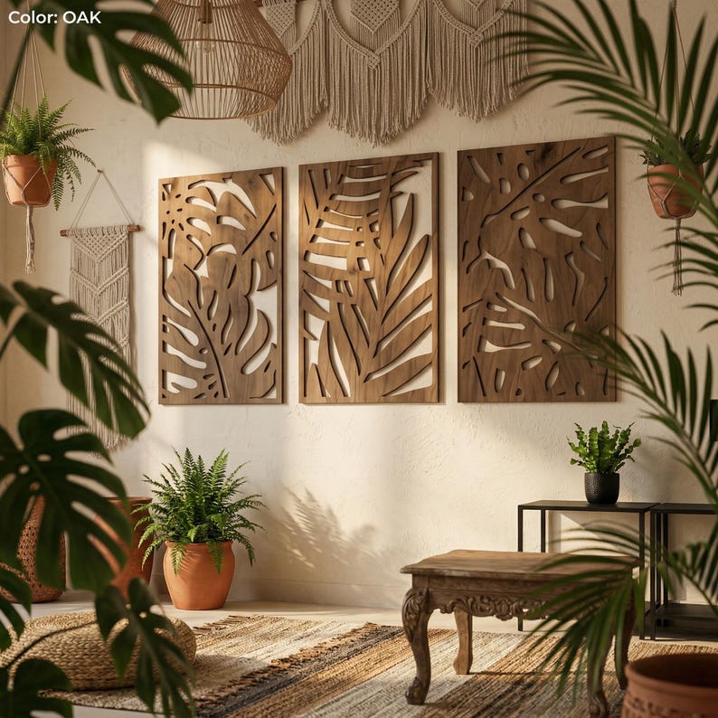 Art mural bohème en bois 3 pièces, panneaux muraux Monstera, décoration tropicale