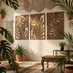 Art mural bohème en bois 3 pièces, panneaux muraux Monstera, décoration tropicale