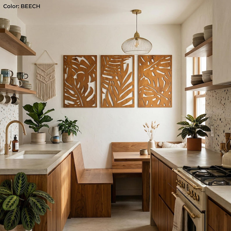 Art mural bohème en bois 3 pièces, panneaux muraux Monstera, décoration tropicale