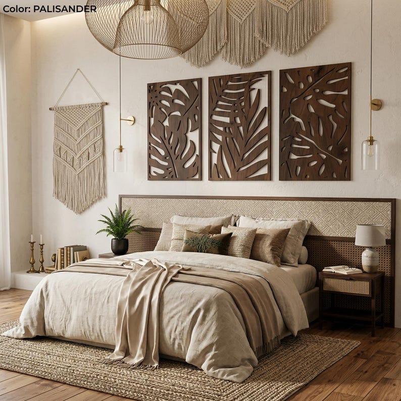 Art mural bohème en bois 3 pièces, panneaux muraux Monstera, décoration tropicale