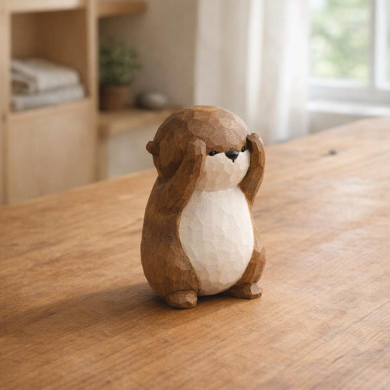 Figurine animalière en bois sculptée à la main | Statue décorative minimaliste pour bureau