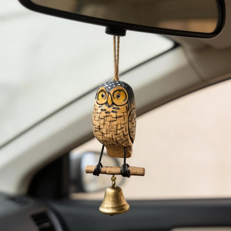 Carillons éoliens hibou en bois sculpté à la main avec cloche, décoration suspendue rustique