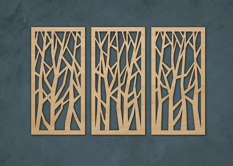 Grand ensemble de panneaux triptyques en bois avec arbres abstraits