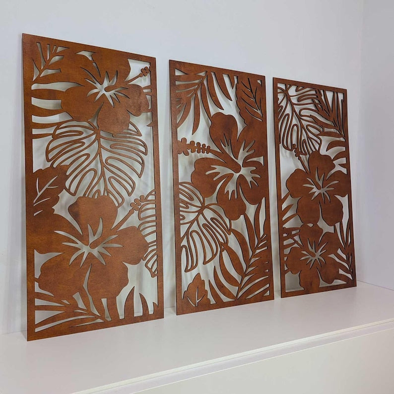 Lot de 3 Hibiscus Art Mural en Bois, Feuilles Tropicales Bouleau, Déco Bohème Hawaii Salon