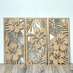 Lot de 3 Hibiscus Art Mural en Bois, Feuilles Tropicales Bouleau, Déco Bohème Hawaii Salon
