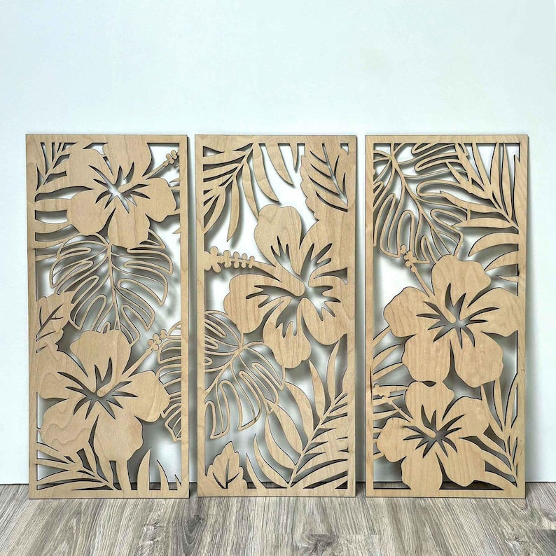Lot de 3 Hibiscus Art Mural en Bois, Feuilles Tropicales Bouleau, Déco Bohème Hawaii Salon