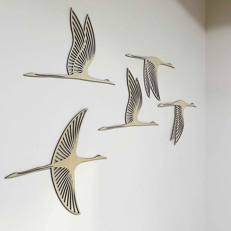 Lot de 5 panneaux muraux oiseaux en bois découpés au laser - Décoration Japandi