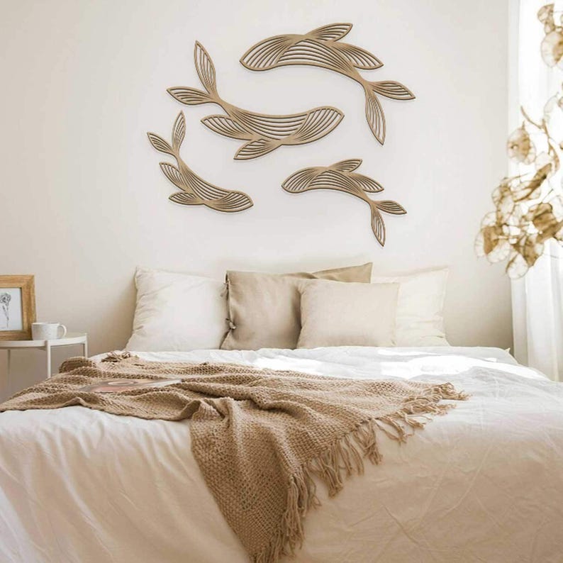 Lot de 4 décorations murales poisson minimaliste en contreplaqué de bouleau 4 mm