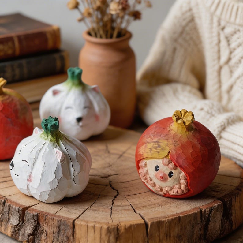 Figurine en bois de mouton grenade sculptée à la main, décoration animal fruit, 7 cm, ornement étagère style cottagecore